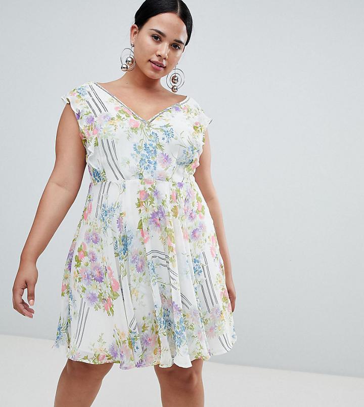 Asos Design Curve Ruffle Mini Dress With Open Back In Floral Print-multi