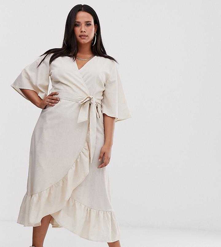 Unique21 Hero Plus Linen Wrap Dress With Frill Hem-beige