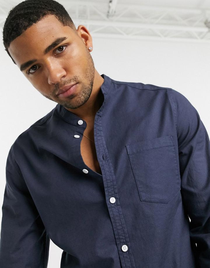 Asos Design Slim Fit Organic Oxford Shirt In Navy With Grandad Collar