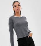 Brave Soul Tall Eloise Long Sleeve T Shirt With Contrast Trim-gray