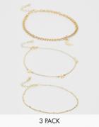 Asos Design Pack Of 3 Anklets With Star And Moon Pendants In Gold Tone