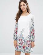 Yumi Long Sleeve Shift Dress In Garden Print - White