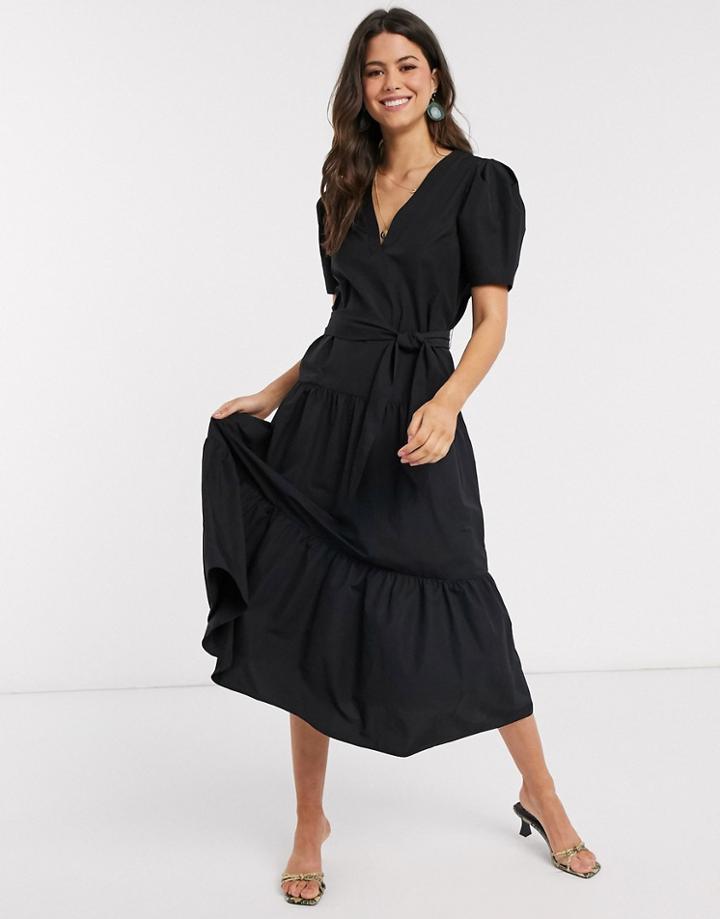 Asos Design V Neck Tiered Midi Dress With Belt In Black