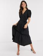 Asos Design V Neck Tiered Midi Dress With Belt In Black