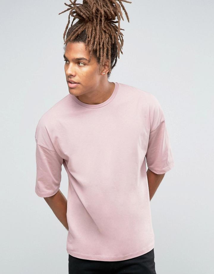 Asos Oversized Longline T-shirt With Half Sleeve In Pink - Pink