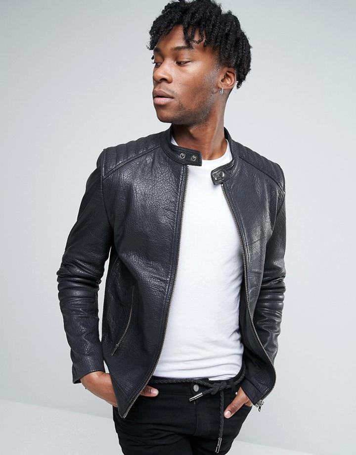 Asos Leather Quilted Racing Biker Jacket In Black - Black