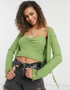 Asos Design Pointelle Cami With Ruffle Detail In Green - Part Of A Set