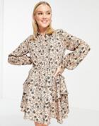 In The Style X Billie Faiers Tiered Mini Skater Dress With Volume Sleeve In Cream Floral-multi