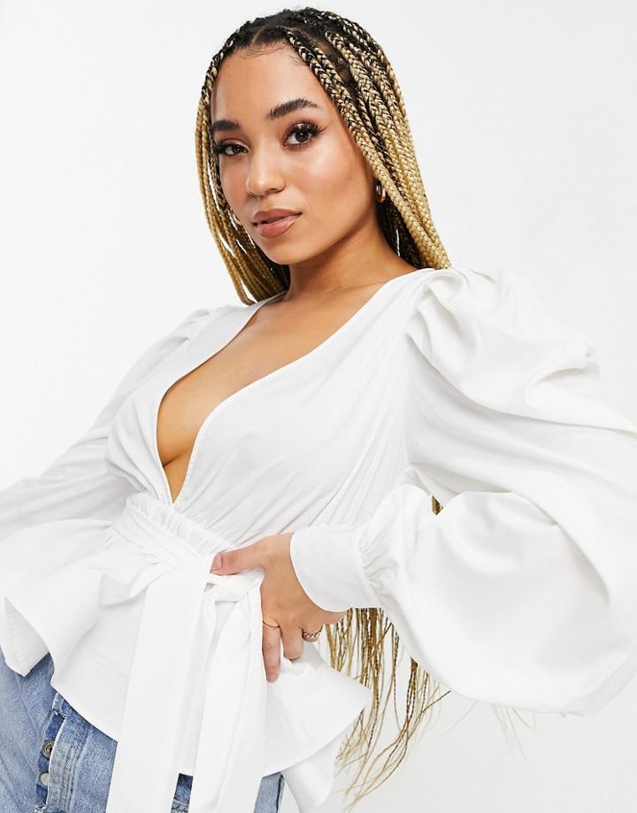 Missguided Plunge Blouse With Puff Sleeve In White
