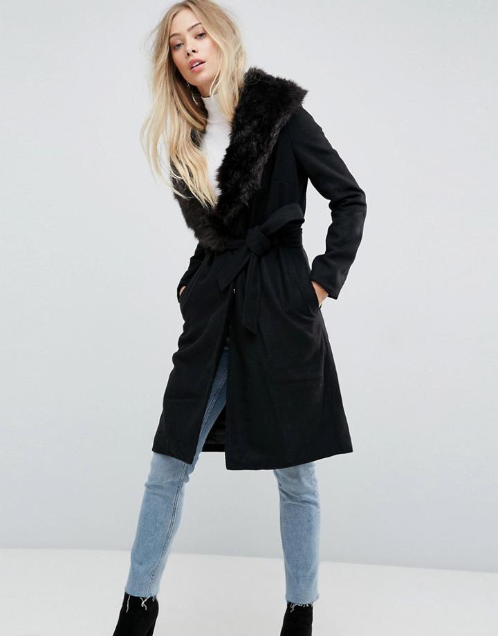 Brave Soul Ada Long Coat With Detachable Faux Fur Collar - Black