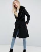 Brave Soul Ada Long Coat With Detachable Faux Fur Collar - Black