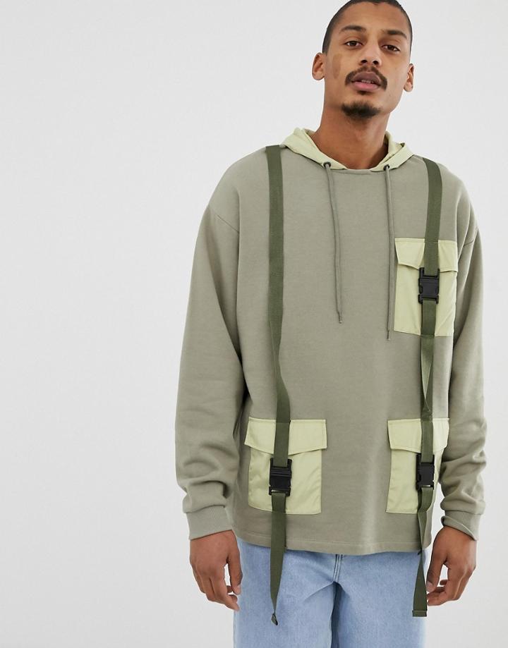 Asos Design Oversized Hoodie With Military Pockets And Styling In Green - Green
