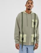 Asos Design Oversized Hoodie With Military Pockets And Styling In Green - Green