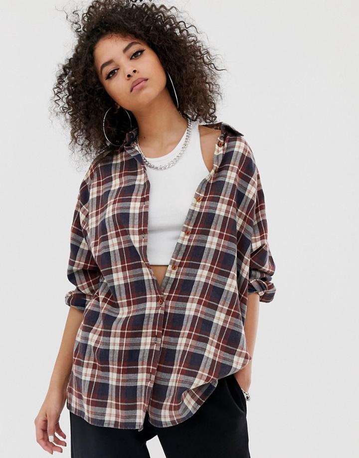 Asos Design Long Sleeve Boyfriend Shirt In Brown Check-multi