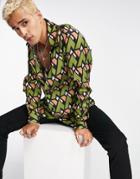 Asos Design Shirt With Oversized Camp Collar In 70s Print-green