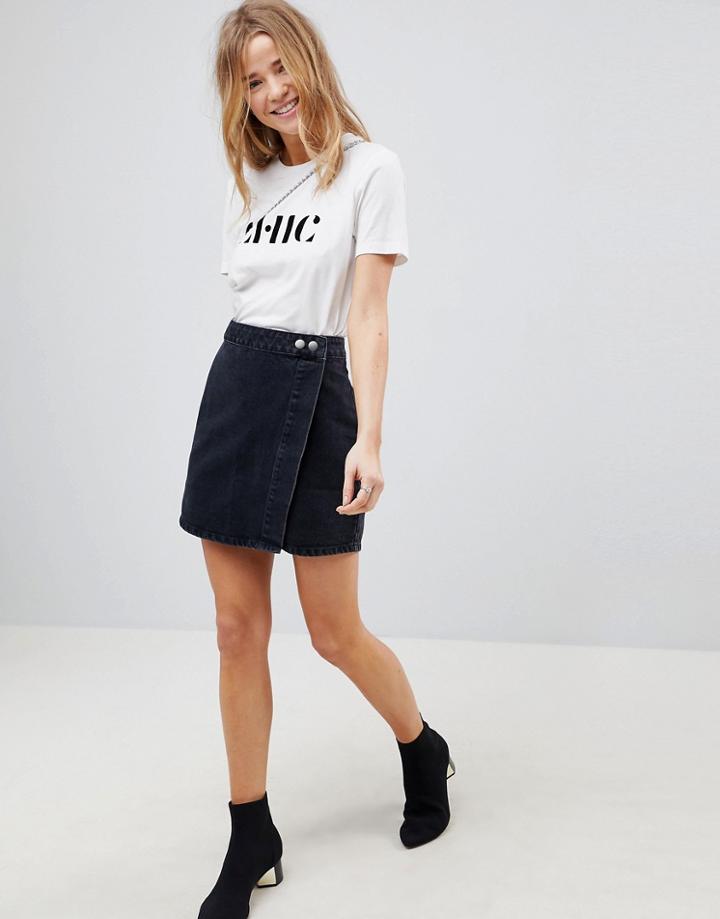 Asos Design Denim Wrap Skirt In Washed Black - Black