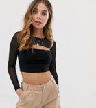 Asos Design Petite Long Sleeve Mesh Top With Cut Out Front And Clip Back-black
