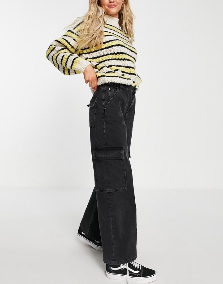 Asos Design Recycled Cotton Blend Low Rise 'cargo' Jean In Washed Black