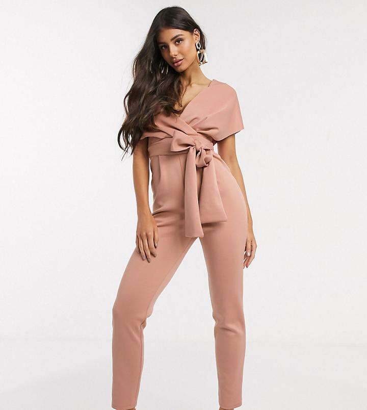 Asos Design Tall Fallen Shoulder Scuba Jumpsuit In Blush-pink