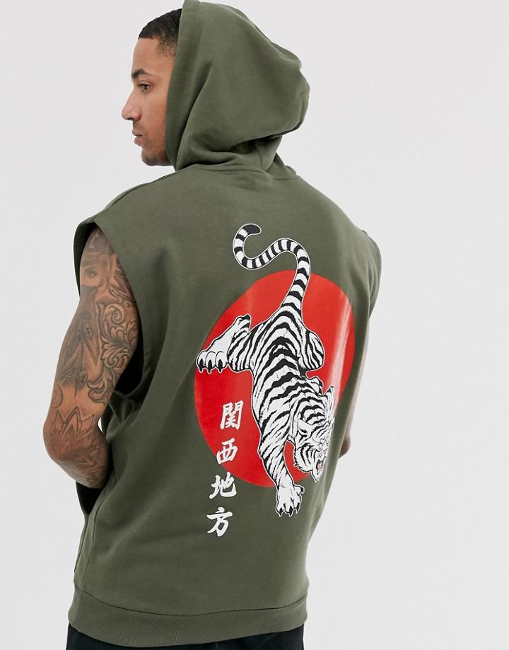 Asos Design Sleeveless Hoodie In Khaki With Tiger Back Print - Green