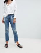 One Teaspoon High Waist Straight Jeans With Rips And Raw Hem - Blue