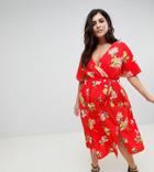 Influence Plus Wrap Midi Dress With Split In Floral Print - Red