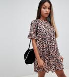 Asos Design Petite Frill Sleeve Smock Dress In Leopard Print - Multi