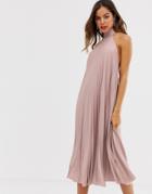 Asos Design Backless Halter Pleated Midi Dress-pink