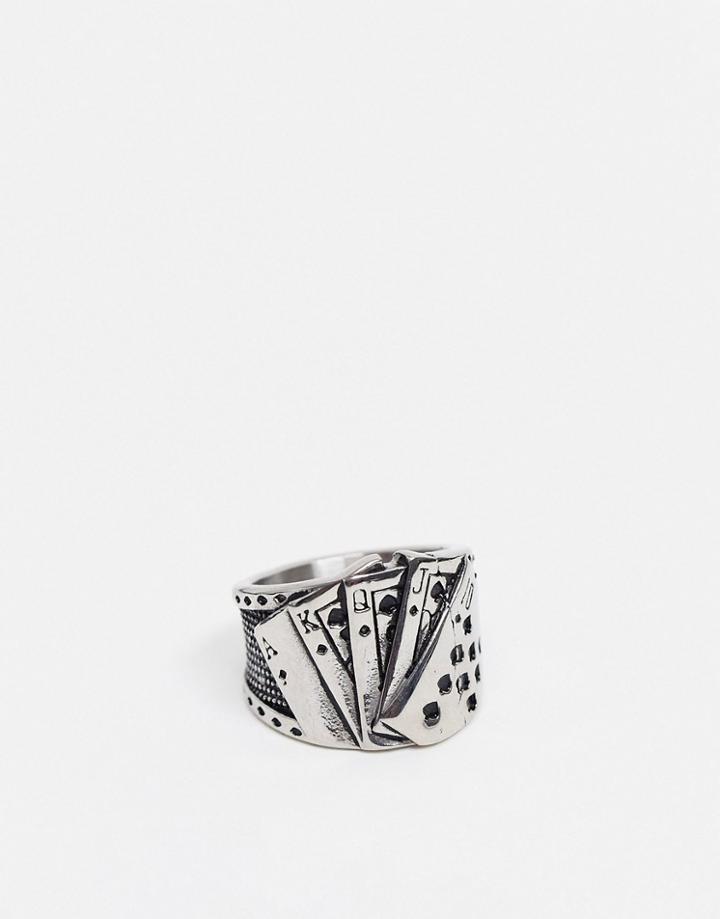 Asos Design Stainless Steel Ring With Cards Design In Silver Tone