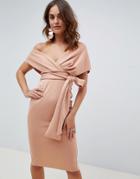 Asos Design Off Shoulder Wrap Midi Dress With Tie Detail - Pink