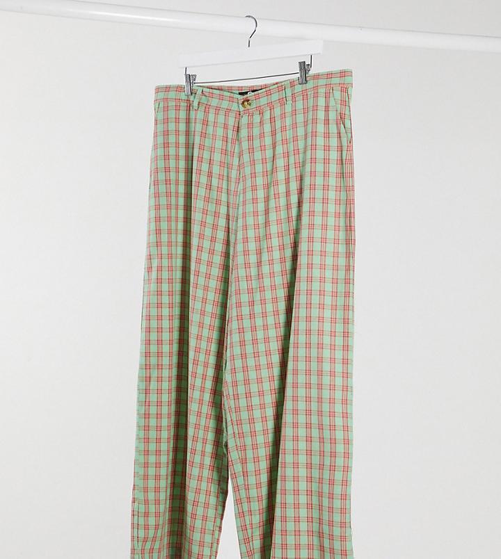 Daisy Street Plus Relaxed High Waist Pants In Pastel Check-green