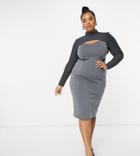 Asos Design Curve Ribbed Crop Overlay Midi Pencil Dress In Gray-grey