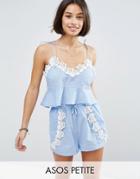 Asos Petite Chambray Pretty Beach Cami Top Co-ord With Crochet Trim - Blue