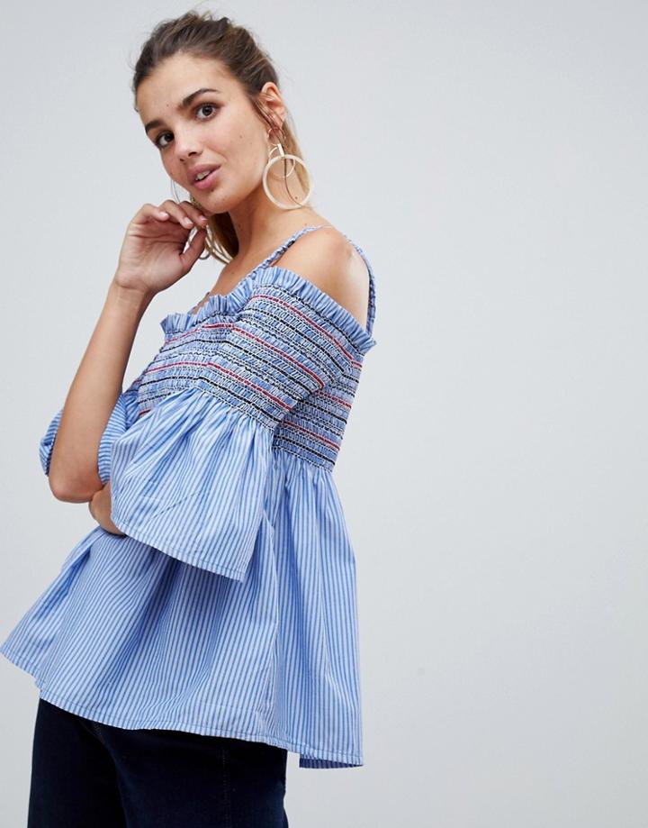 Brave Soul Eli Bardot Top With Shirring And Stripe - Blue