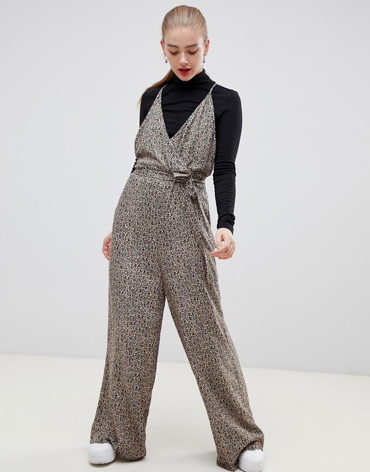 Asos Design Strappy Wrap Front Jumpsuit In Leopard Animal Print-multi