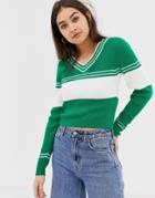 Asos Design V-neck Sweater With 70's Tipping-green