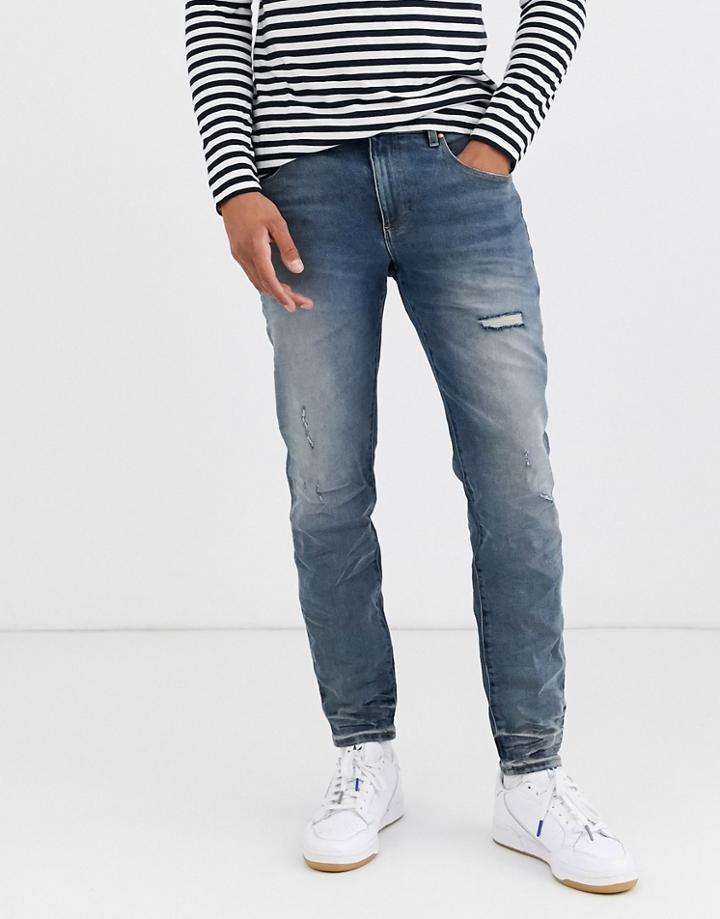 Asos Design 12.5oz Tapered Jeans In Mid Wash Blue Wih Abrasions