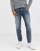 Asos Design 12.5oz Tapered Jeans In Mid Wash Blue Wih Abrasions