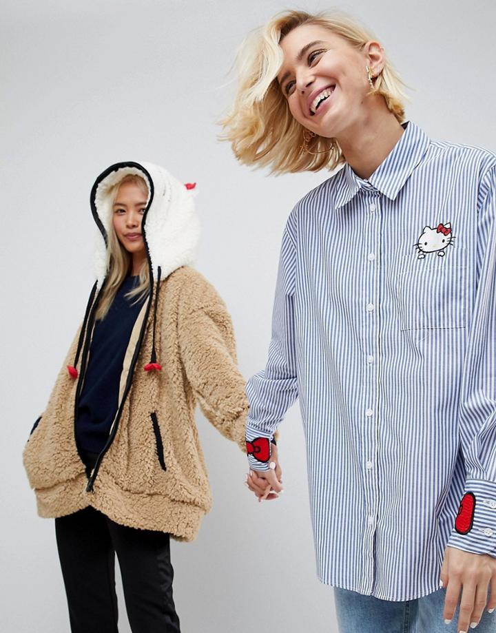Hello Kitty X Asos Stripe Shirt With Pocket And Cuff Embroidery - Multi