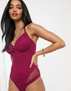 Pour Moi Fuller Bust Castaway Halter Underwire Swimsuit In Berry-red