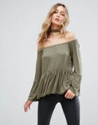 Daisy Street Off The Shoulder Top With Flare Hem And Sleeve - Green