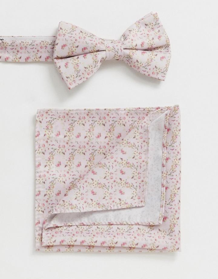 Asos Design Wedding Bow Tie And Pocket Square Pack In Pink Floral - Pink