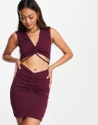 Flounce London Twisted Mini Dress With Ruching Detail In Deep Purple