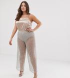 Asos Design Curve Wide Leg Pants In Mesh With Embellishment-gray