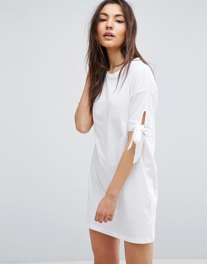 Asos T-shirt Dress With Bow Sleeve - White