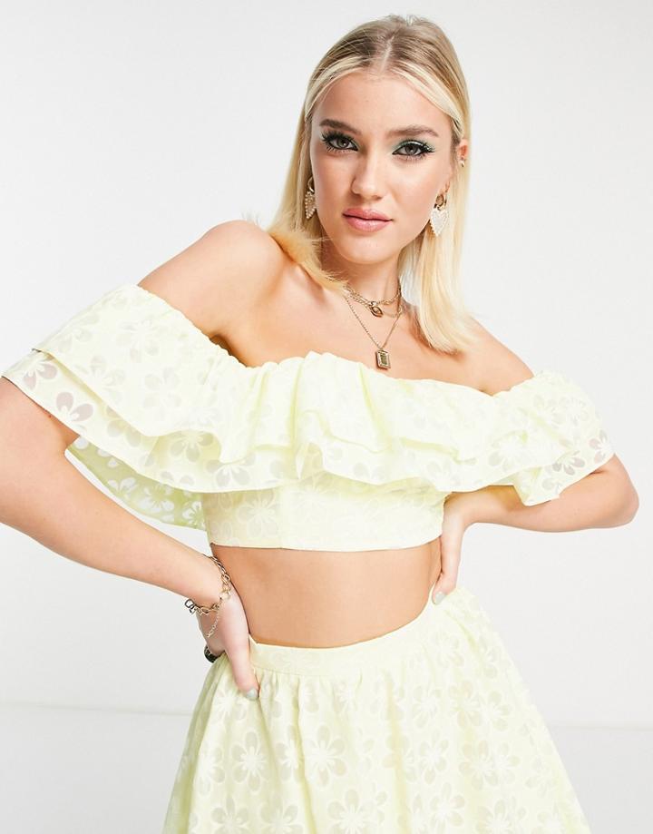 Miss Selfridge Daisy Burnout Bardot Crop Top In Lemon-yellow