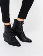 Asos Ariana Leather Lace Up Ankle Boots - Black Croc Leather