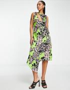 Topshop Graphic Floral Wrap Midi Dress In Green And Pink-multi