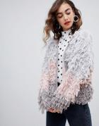 New Look Color Block Loop Knit Cardigan - Gray
