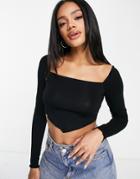 Asos Design Long Sleeve Top With Square Neck And Scarf Hem In Black